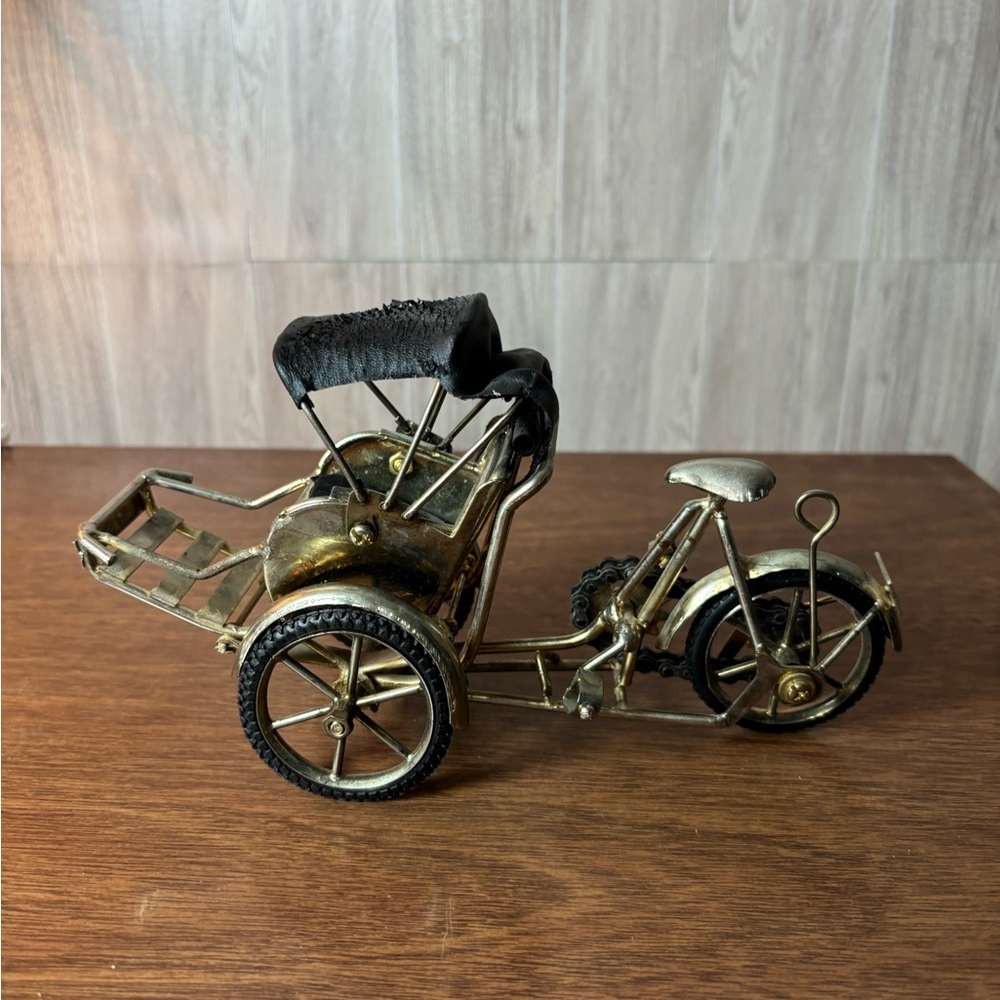 Brass-Tone Mini Rickshaw Tricycle Black Seat Faux Leather Canopy Vietnam Vintage